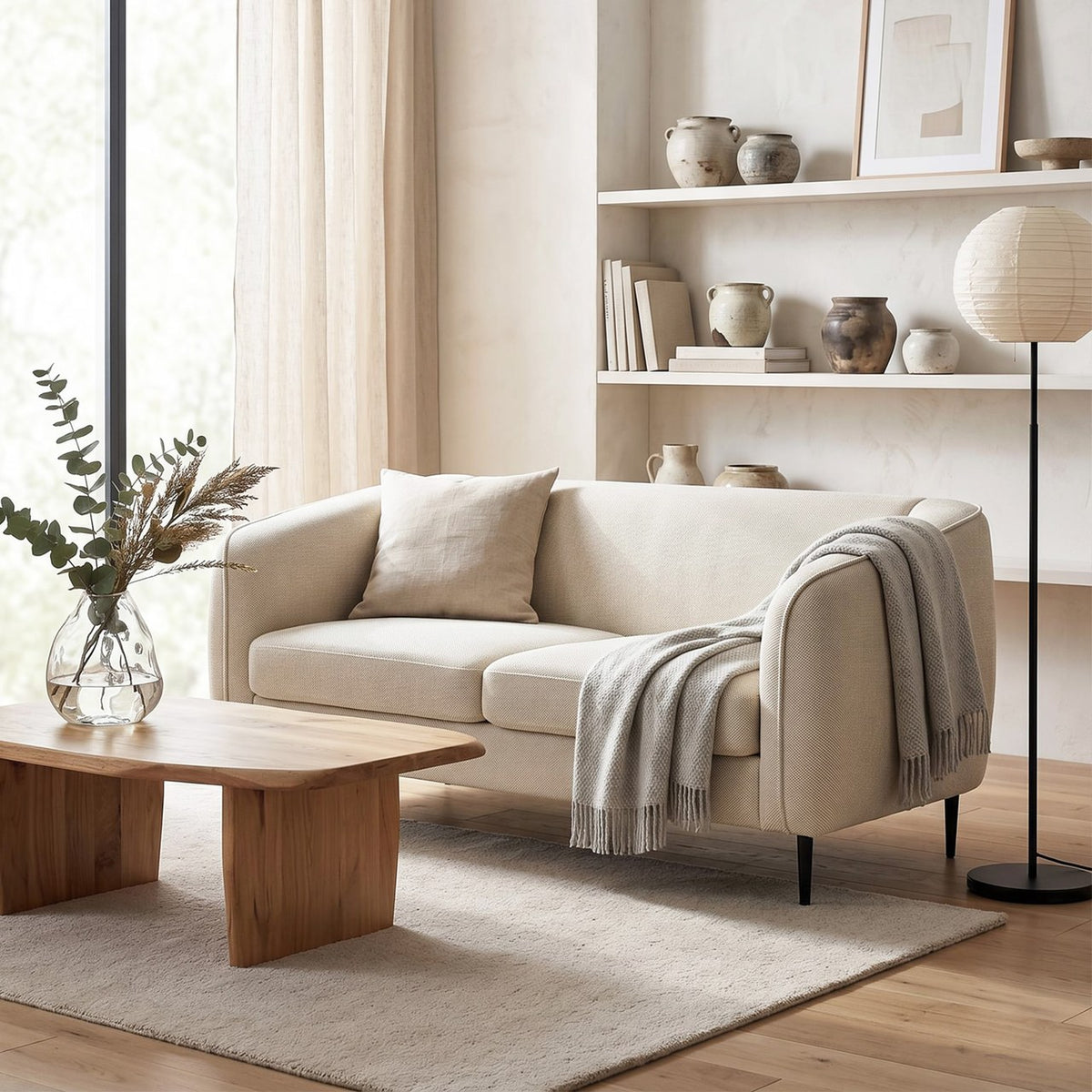 Pivoine en Beige crème dans un salon clair, devant une table basse en bois