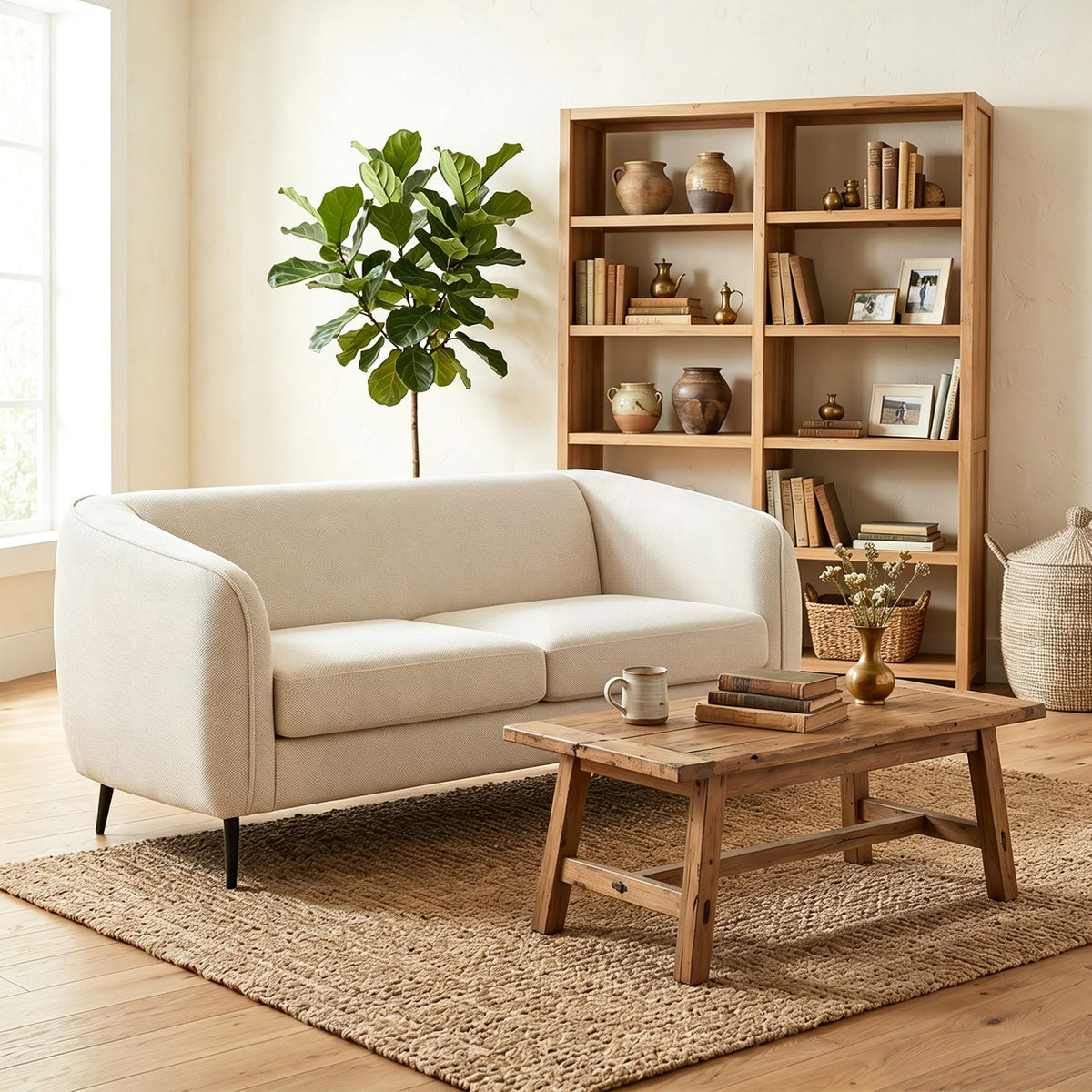 Pivoine en Beige crème dans un salon chaleureux, devant une table basse en bois
