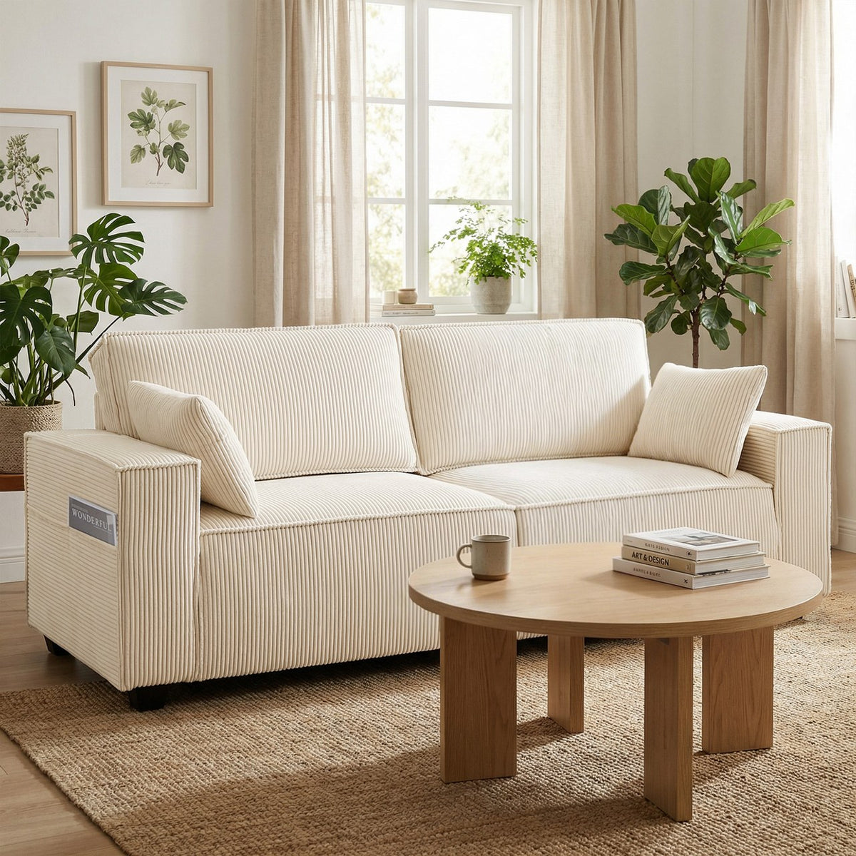 Sillage en Beige avoine dans un salon clair, devant une table basse ronde en bois