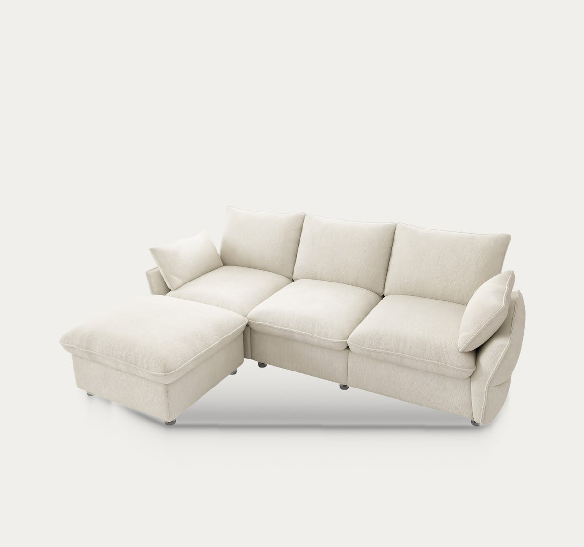 Albane en Beige crème, canapé d’angle avec pouf, sur fond clair