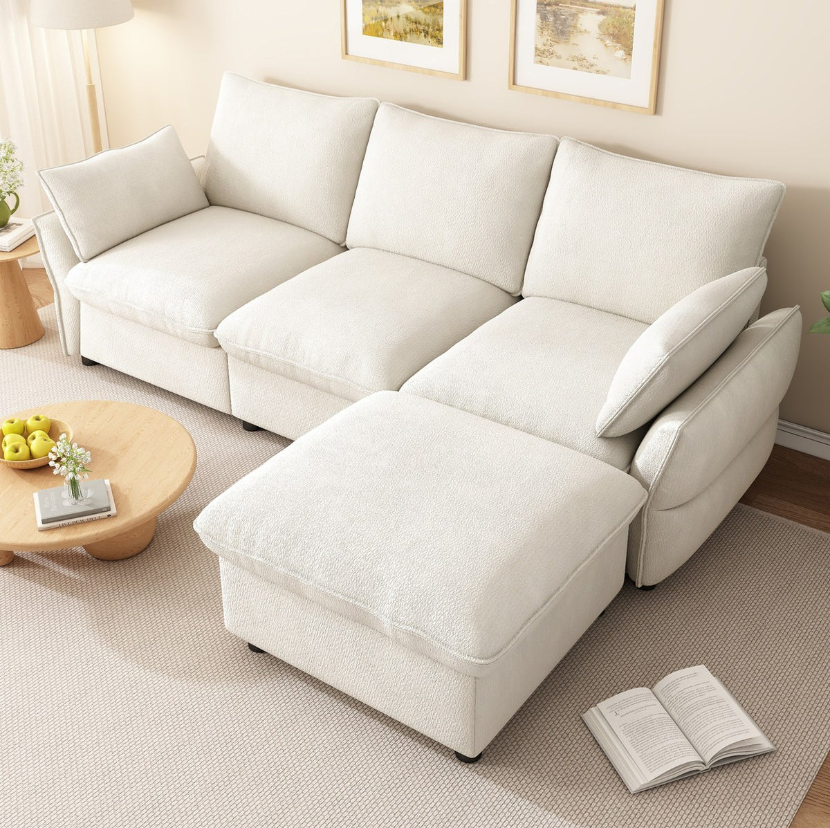 Albane en Beige crème vu de haut, pouf devant