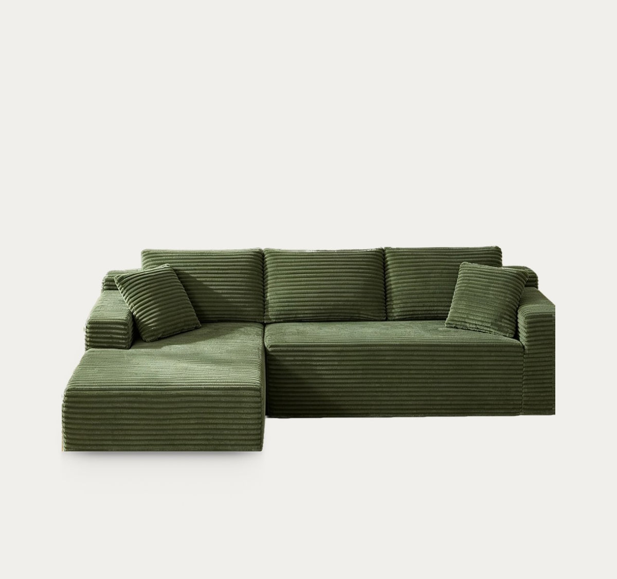 Rivage en Vert olive, canapé d’angle en velours côtelé, sur fond clair
