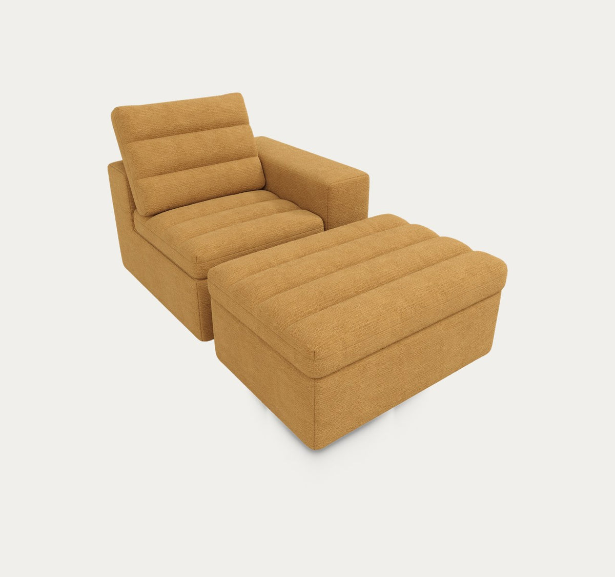 Module d’angle et pouf de Safran en Jaune moutarde, sur fond clair