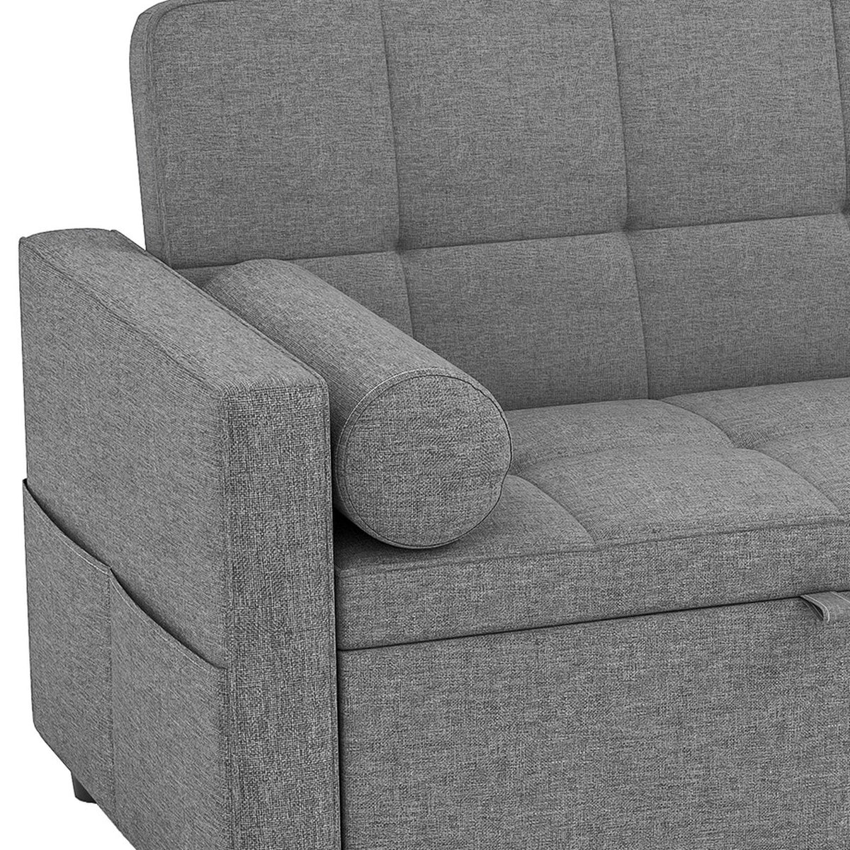 Détail de l'accoudoir, du coussin boudin et de l'assise surpiquée de Rêverie, Gris nuage