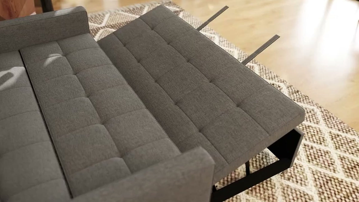 Le lit de Rêverie qui sort de sous l'assise, en Gris nuage