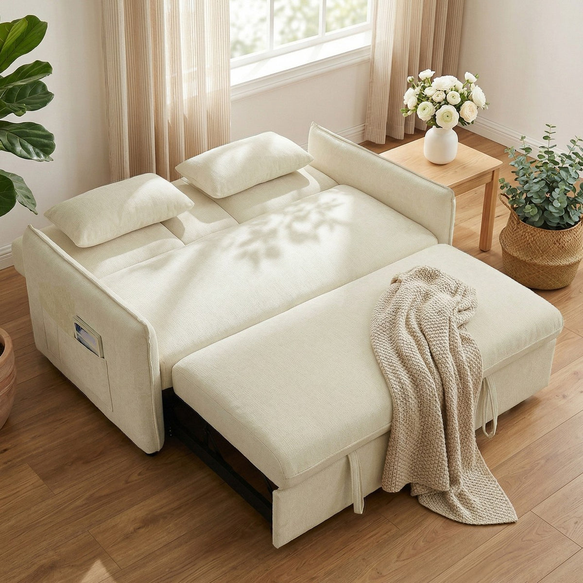 Grège en Beige ouvert en lit dans une chambre claire