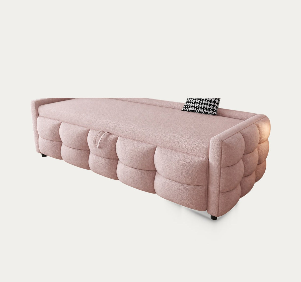 Églantine en Rose poudré, canapé-lit gigogne à boudins, sur fond clair
