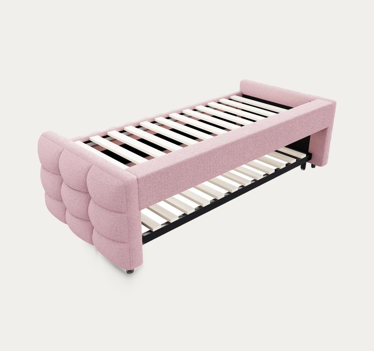 Églantine en Rose poudré sans matelas, ses lattes visibles, sur fond clair