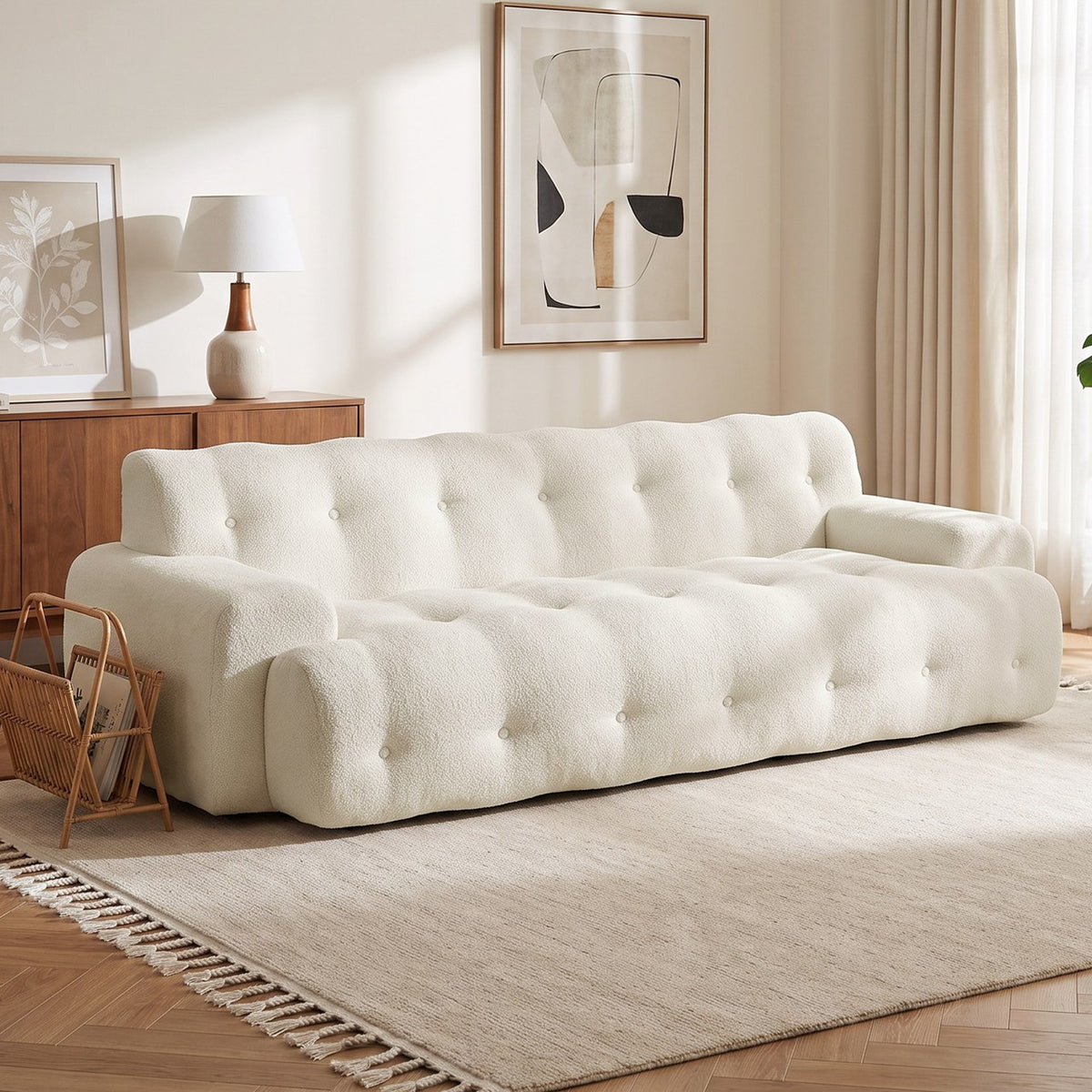 Nacre en Blanc chantilly dans un salon chaleureux, sur un tapis