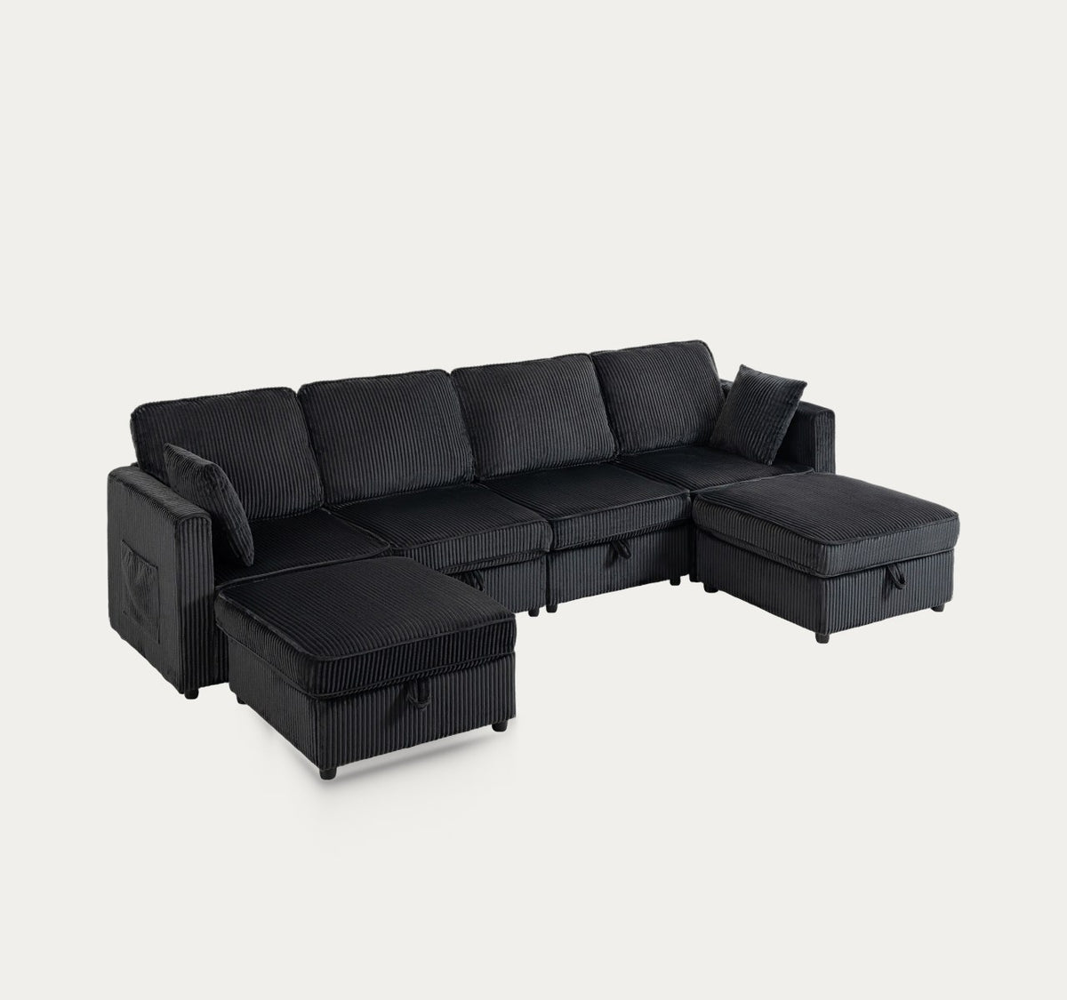 Héloïse en Noir graphite, canapé en U avec deux poufs, sur fond clair