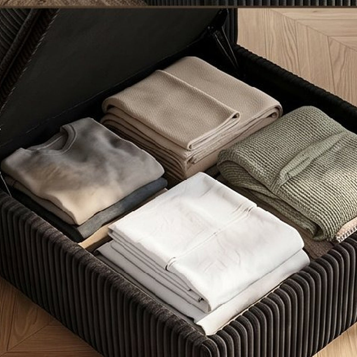 Le pouf coffre d’Héloïse ouvert, des plaids rangés dedans