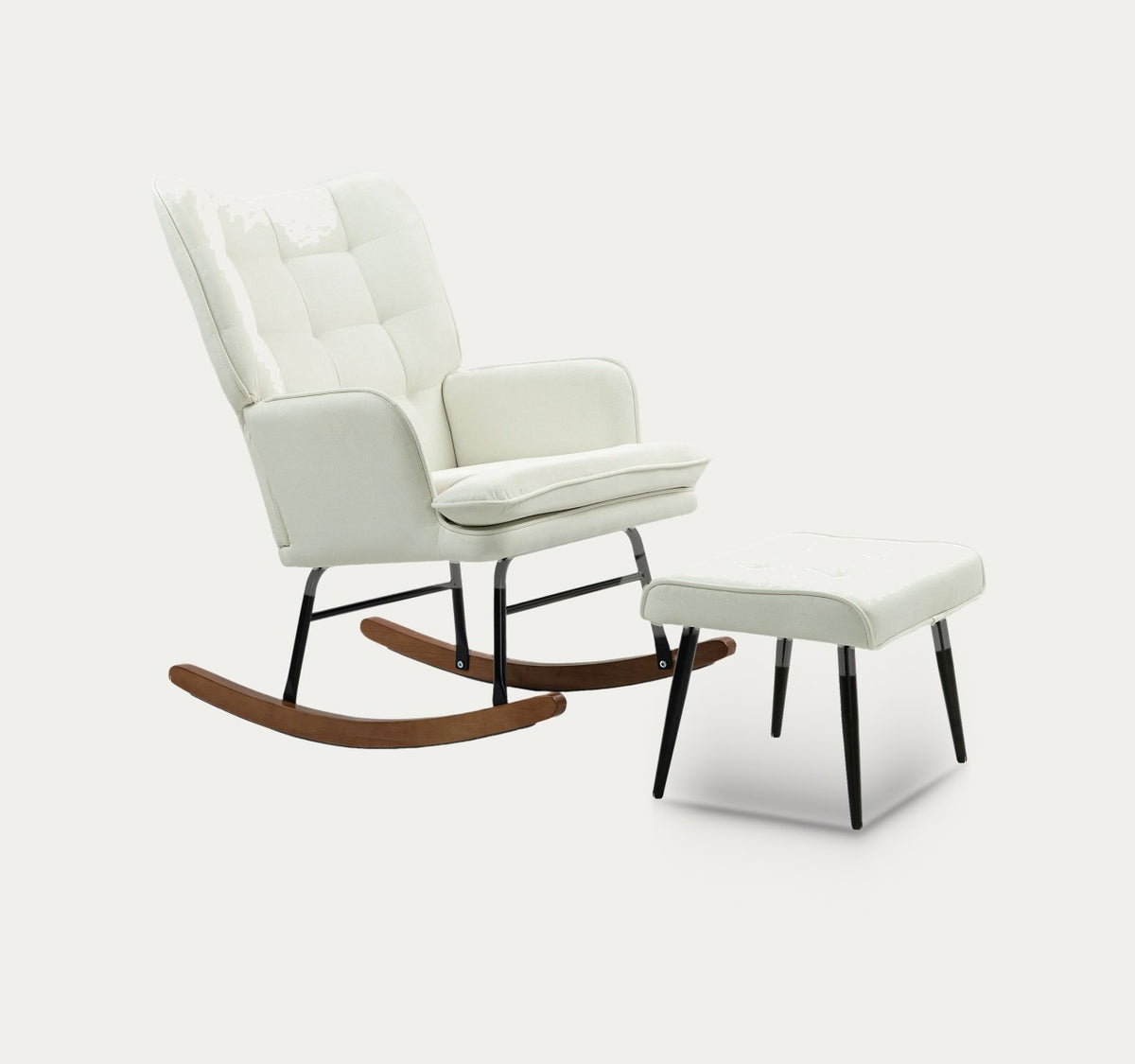 Aurore en Blanc petit matin, fauteuil d'allaitement à bascule avec repose-pieds, sur fond clair