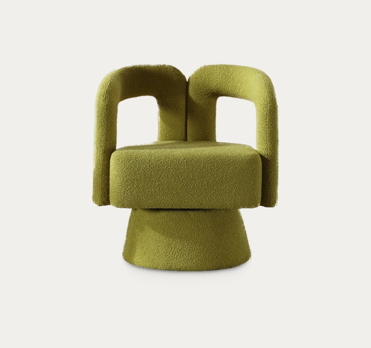 Écrin en Vert olive, fauteuil pivotant en bouclette, sur fond clair