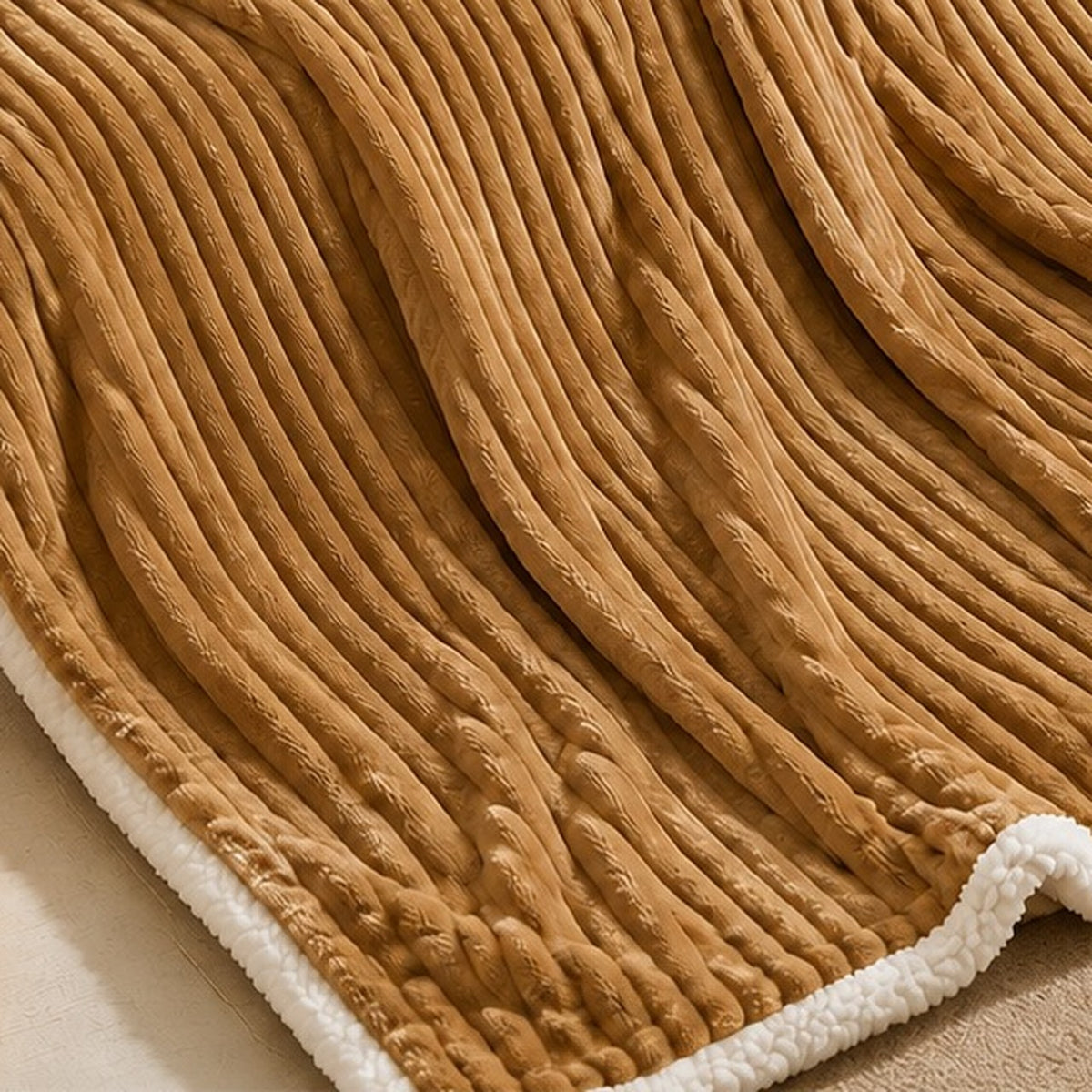Détail du plaid caramel déplié, côté velours côtelé